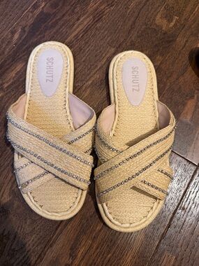 SCHUTZ Natural Raffia Slide Sandals with Crystal Straps